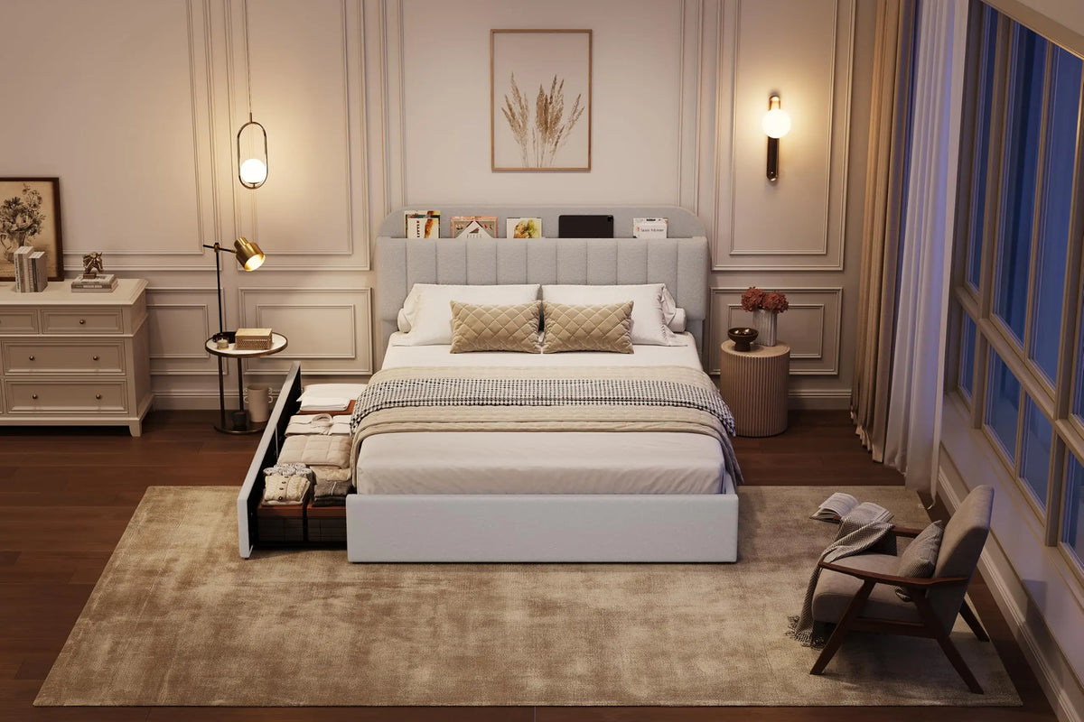 Full Size Boucle Upholstered Platform Bed Frame with Storage Headboard & 2 Drawers, Gray Bed Frame, No Box Spring Needed, Noise Free, Easy Assembly