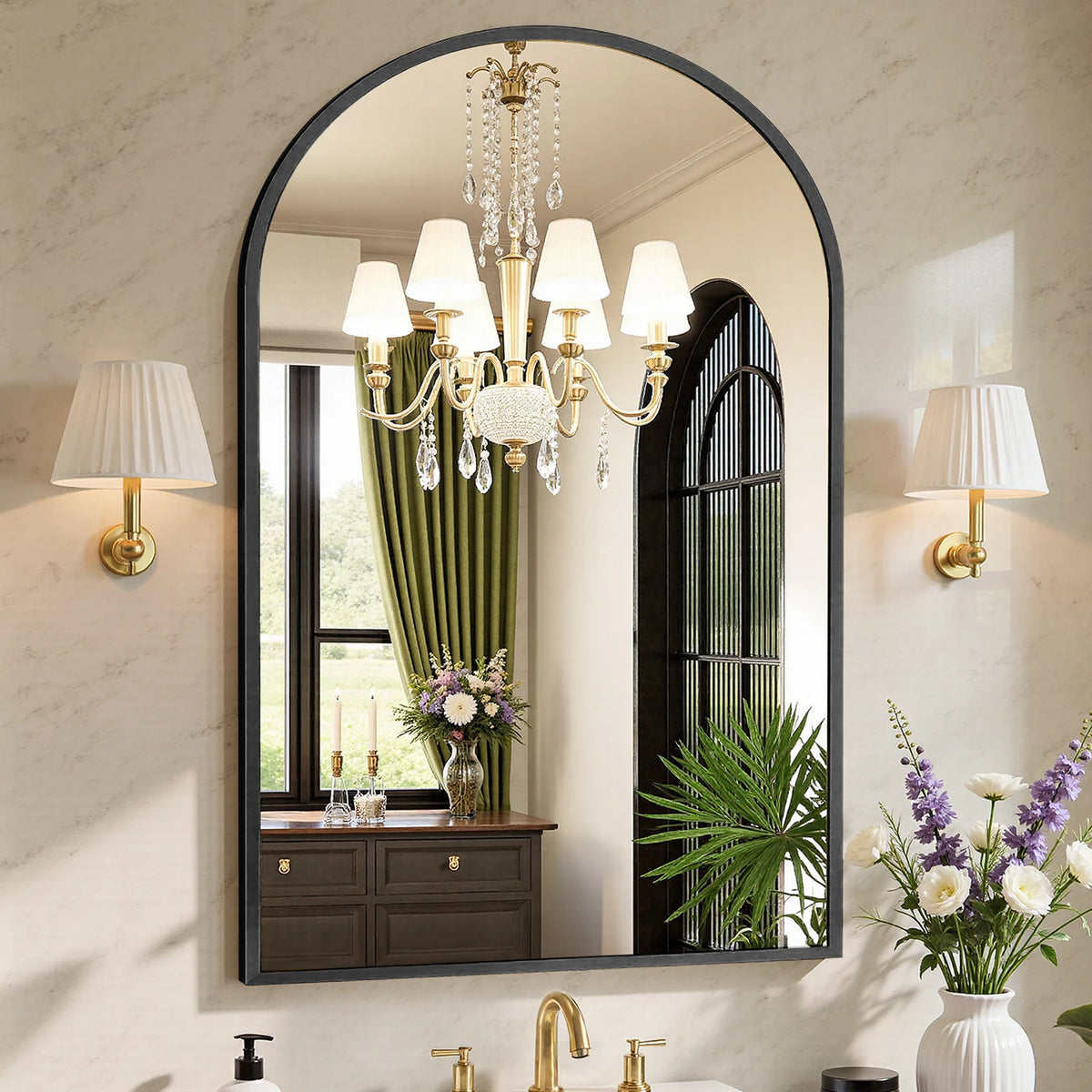Arched Bathroom Mirror or Over Sink Wall Mounted Aluminum Alloy Frame Mirror Horizontal or Vertical Hanging Modern Wall Mount Vanity Mirror for Home
