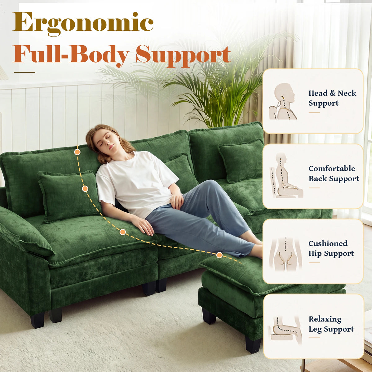 TCGBKAF 117" L‑Shaped Modular Cloud Sectional Sofa, Green Corduroy 3 Seater Couch with Ottoman Lumbar Pillow, 2‑Layer Deep Seat Cushion for Living Room Apartment