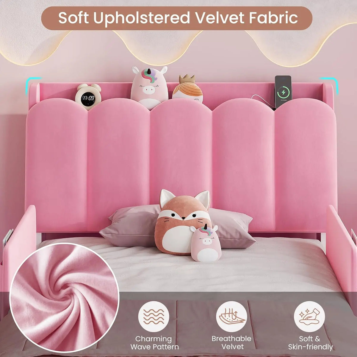 Twin Size Princess Bed Frame Storage Drawer Safety Guardrails Led Velvet Upholstered Platform Bed Girls Wavy Storage Headboard