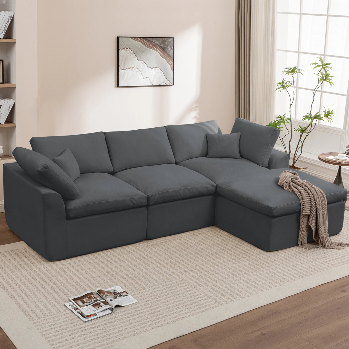 112 Inch Modular L-Shape Cloud Couch, Boneless Chenille Sectional Sofa with Spacious Deep Seats & Ottoman, Ready-to-Use Living Room Furniture
