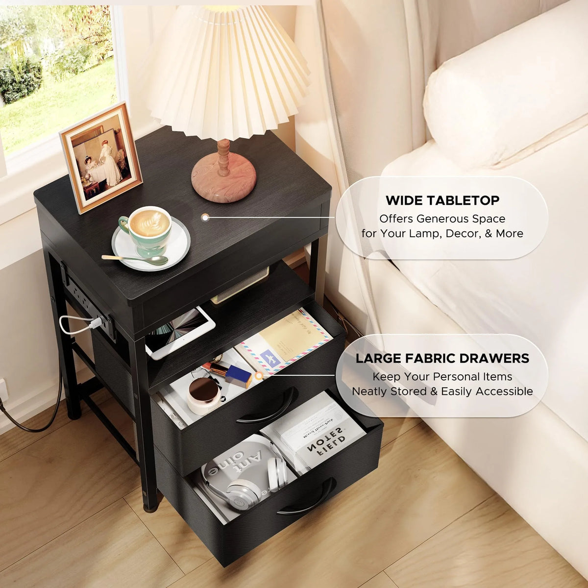 Nightstand, Lockable Hidden Compartment, Sliding Top Charging Station, 2 Fabric Drawers with USB & AC Outlets