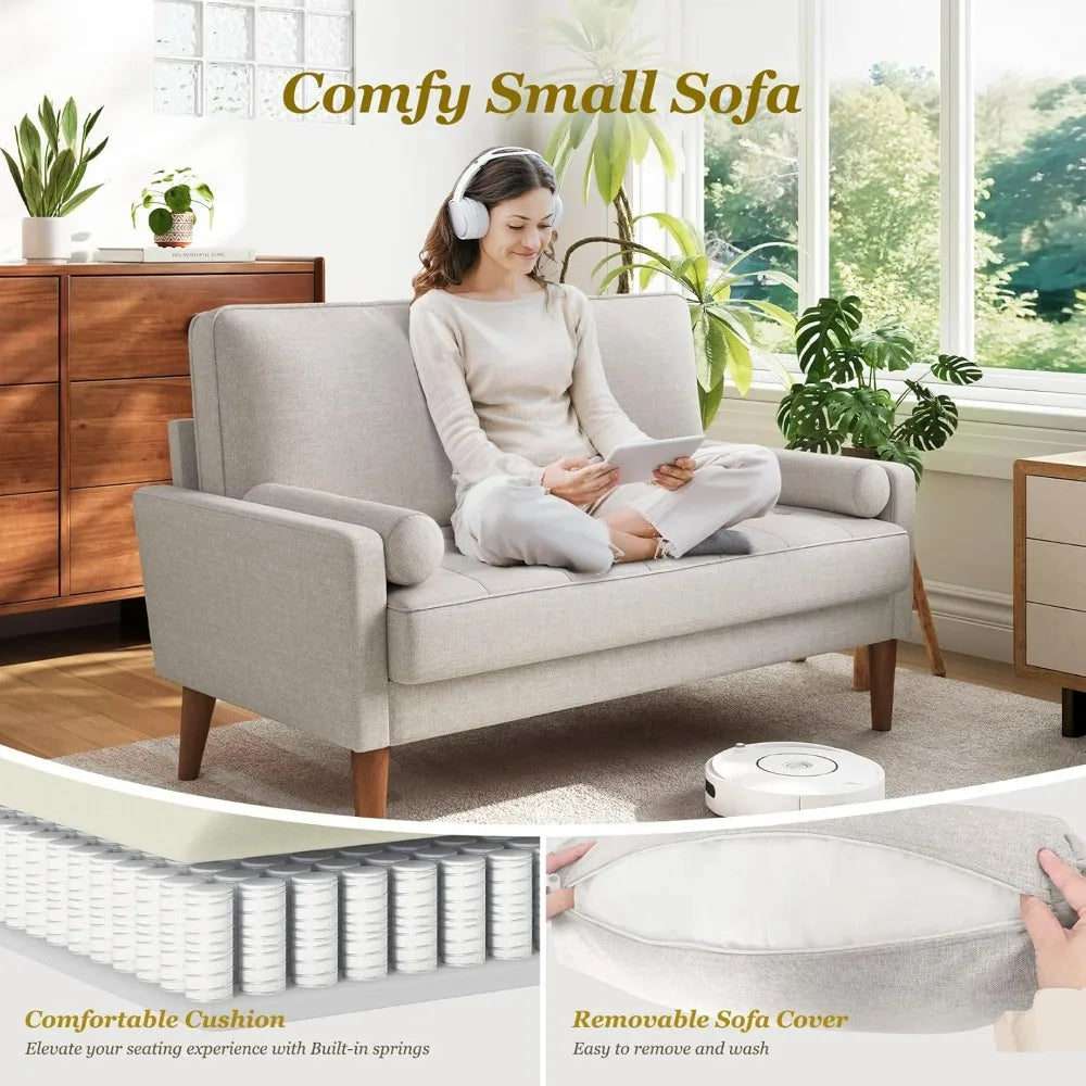 48 Inch Loveseat Sofa - Solid Wood Legs Mid Century Modern Easy Assembly Couch Throw Pillow for Apartment