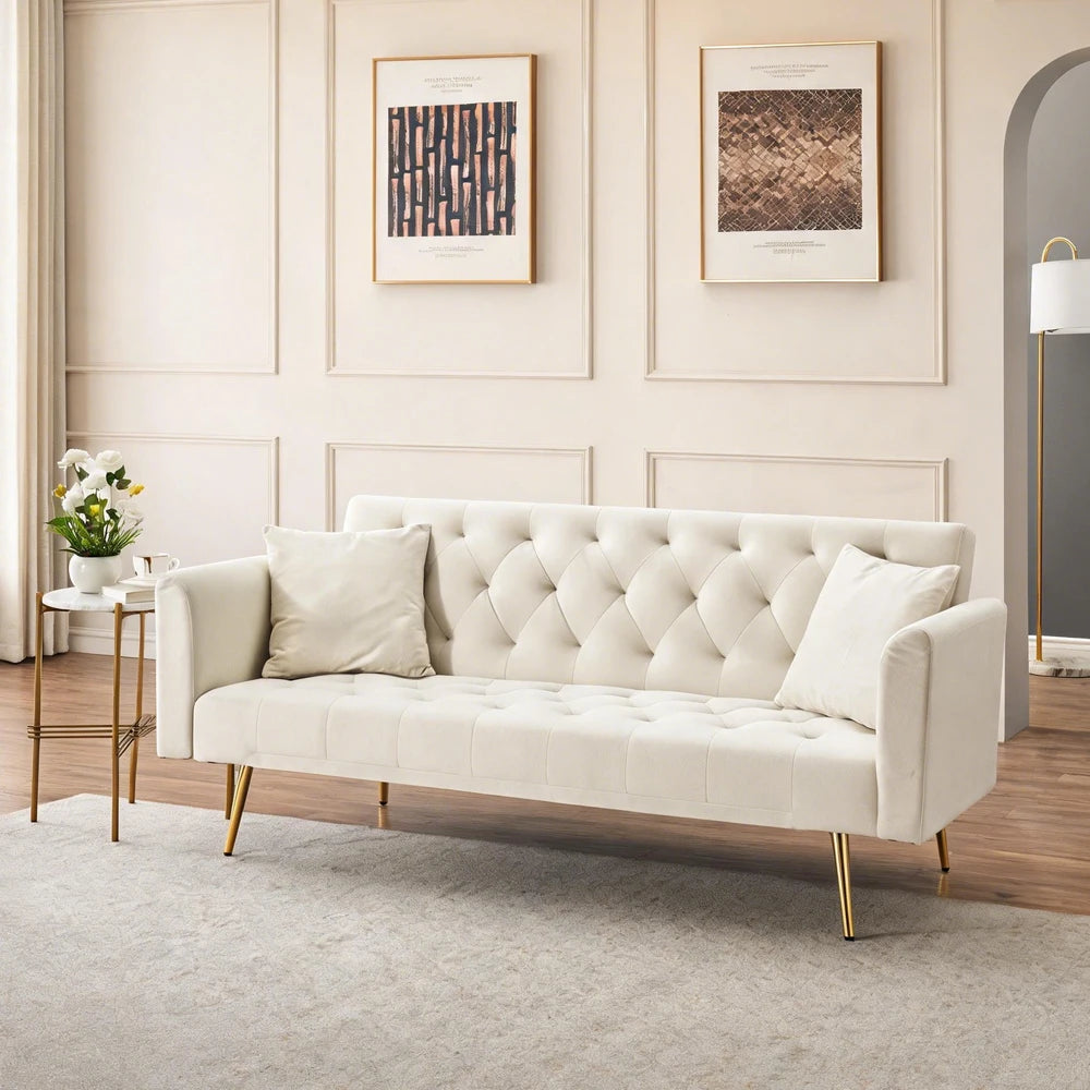 Velvet Convertible Futon Sofa Bed 71" 3-Seater Tufted Sleeper Couch with Gold Metal Legs 3 Position Adjustable Backrest Folding Reclining Sofa with 2 Throw Pillows for Living Room Apartment Small Spaces