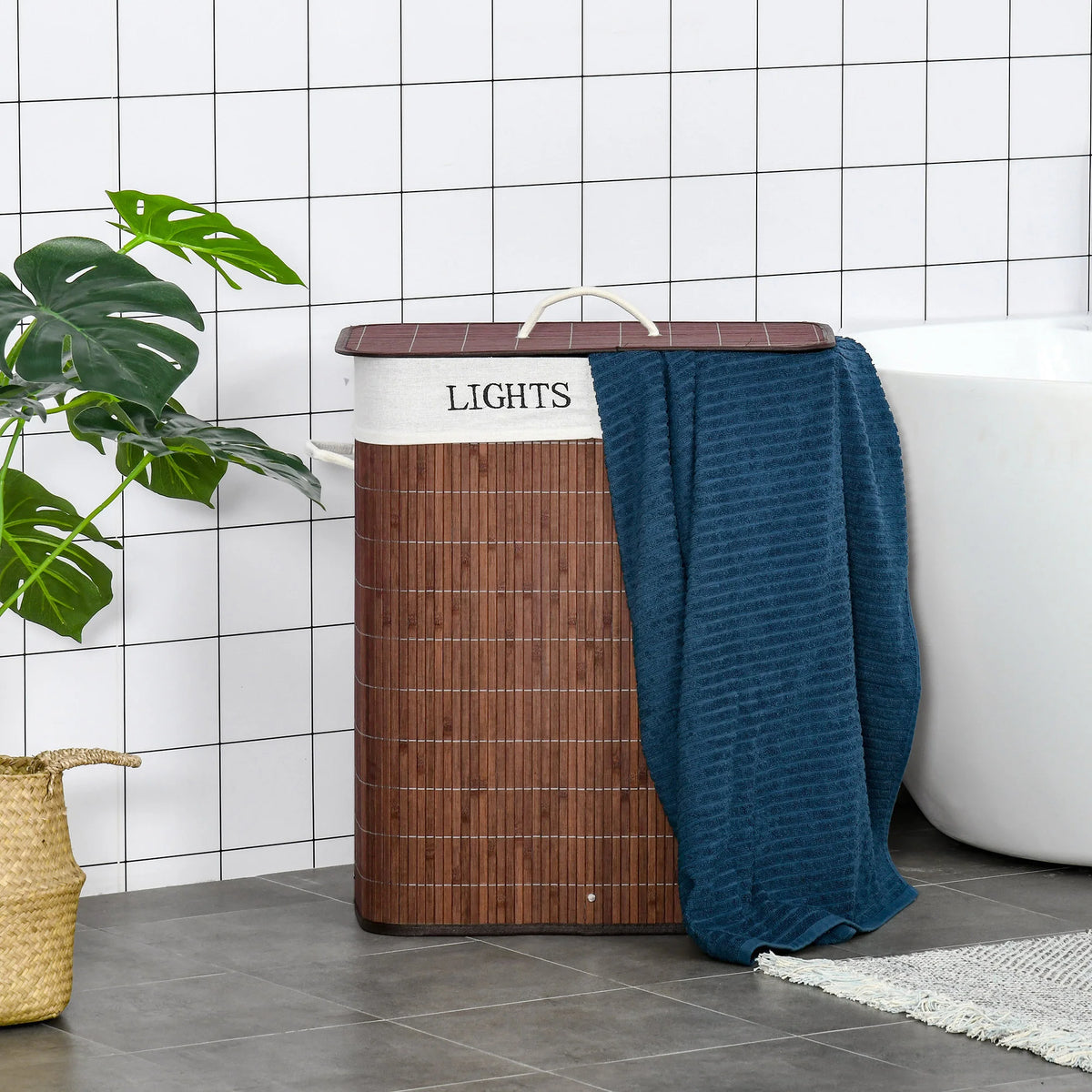 Laundry Hamper with Lid, Bamboo Foldable Laundry Basket 2 Section with 2 Removable Bags, 2 x 13.2 Gallons (50L), Brown