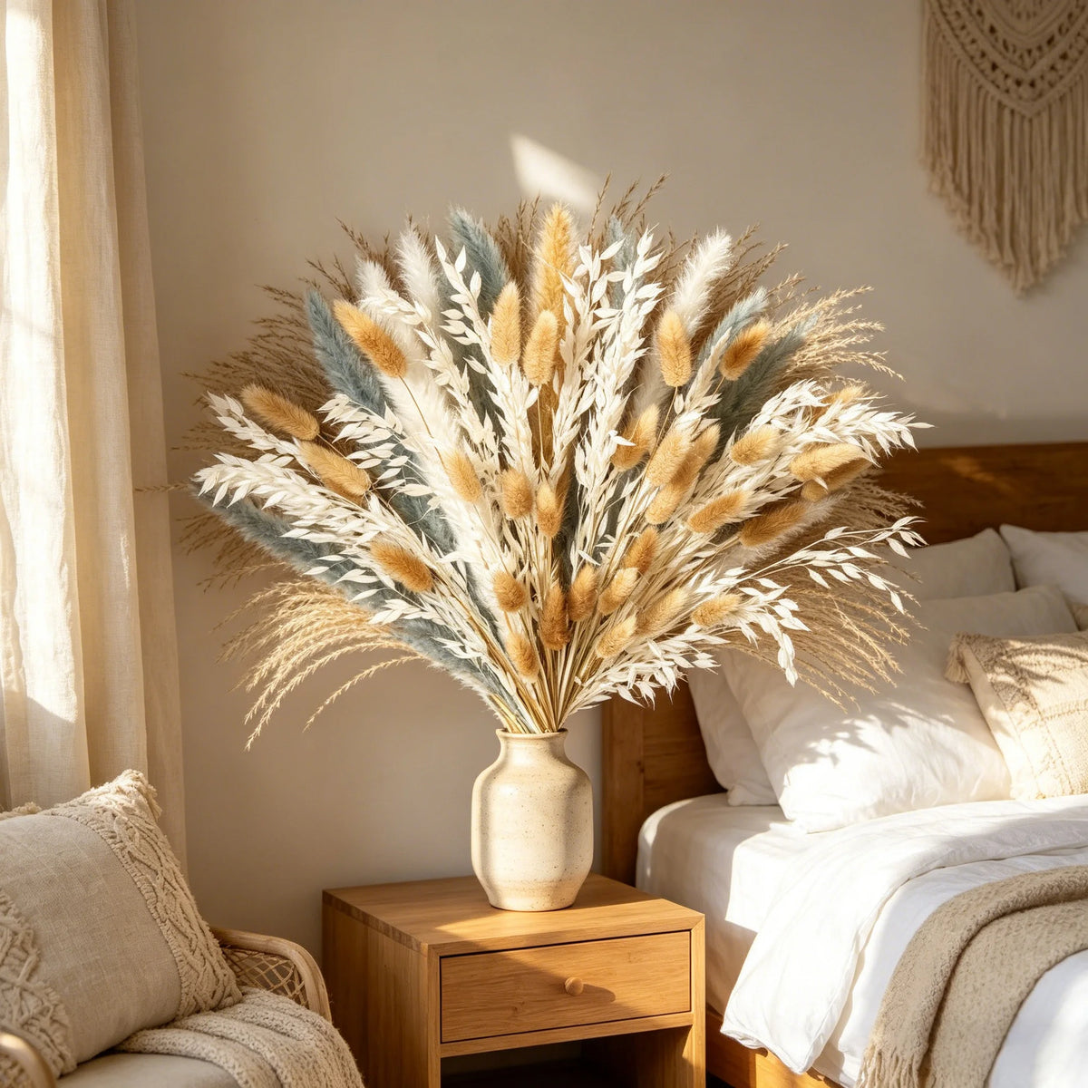 100PCS Pampas Grass Bouquet 17.5in Mixed Dried Flowers Bunny Tails Dried Oats Reed Grass Dusty Blue White Beige Boho Neutral Home Wedding Decor Farmhouse Table Centerpiece Vase Filler Rustic Minimalist Handmade Vase Not Inclu