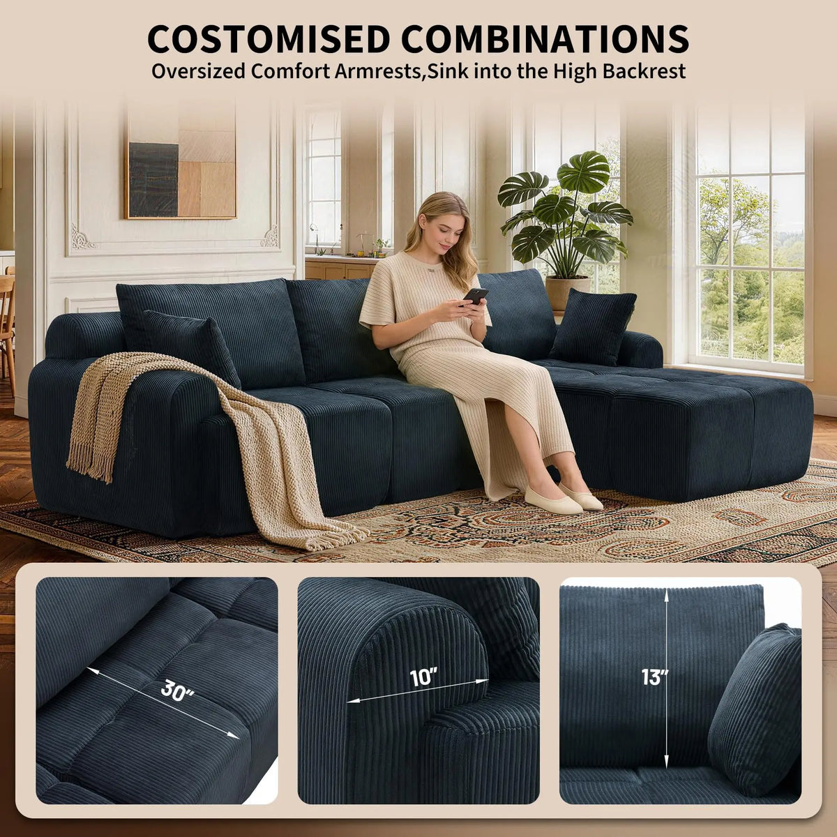 118'' Corduroy Modular Sofa, Deep Seat Compression Couch With Memory Foam, No Assembly Sectional For Living Room