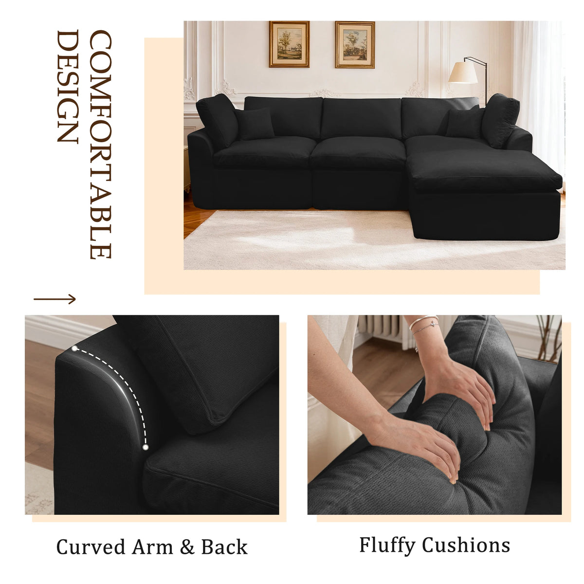 112 Inch Modular L-Shape Cloud Couch, Boneless Chenille Sectional Sofa with Spacious Deep Seats & Ottoman, Ready-to-Use Living Room Furniture