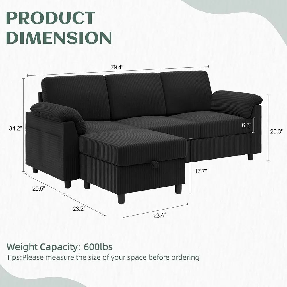 79" Convertible Sectional Couch Sofa with Storage Ottoman, 3 Seat L Shaped Couch with Side Storage