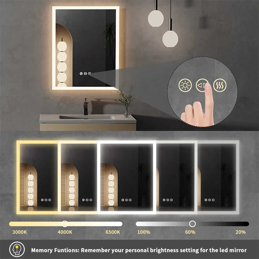 Wall Mounted LED Bathroom Mirror Smart Touch Vanity Makeup Mirror with 3 Color Dimmable Feature And Defog Function