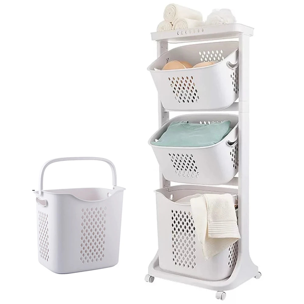 3 Tier Laundry Baskets Movable Rolling Hamper Cart with Wheels Clothes Dirty Portable Hamper Storage Baskets Sorter Household