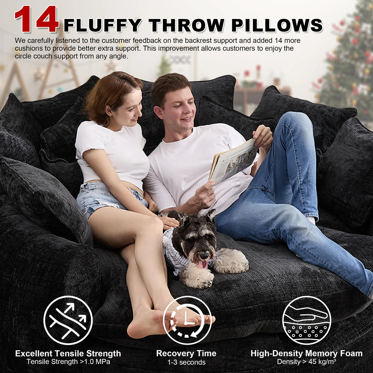 81.1" Oversized Round Chaise Lounge Sofa Bed, Chenille Fabric Circle Cloud Couch with 14 Pillows and Backrest, No Assembly Required Modern Sofa for Living Room, Black