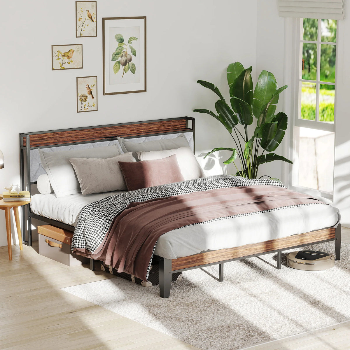 King Size Soft Pack Heavy Duty Metal Bed Frame with Headboard Charging Station 1100lbs Capacity Easy Assembly For Bedroom