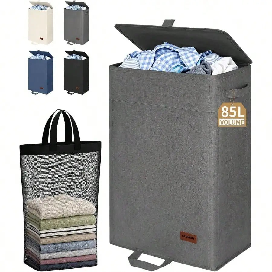 85L Laundry Hamper With Lid, Tall Dirty Clothes Hamper, Foot Loop Removable Bag Easy To Lift And Carry, Tall Collapsible Laundry Basket Bathroom, Bedroom, Laundry Room, Dorm