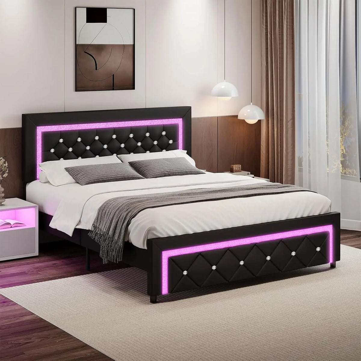 Queen Bed Frame LED Diamond Tufted Headboard Black, Customized