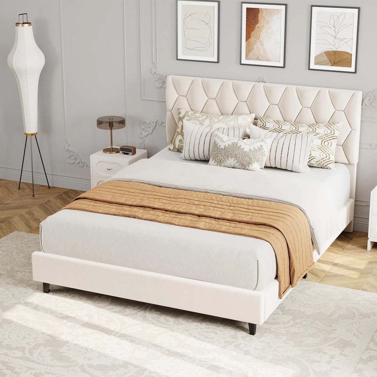 Upholstered Platform Bed with Padded Headboard - Sturdy Wooden Slats - No Box Spring - Silent Non-Slip Base - Easy Assembly - Grey/Beige
