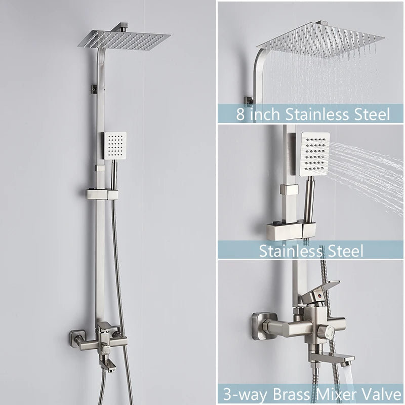 Brushed Gold Bathroom Shower Faucet Set Brass Bath Faucet Rainfall Shower Head Wall Mounted Bathtub Shower Mixer Tap System