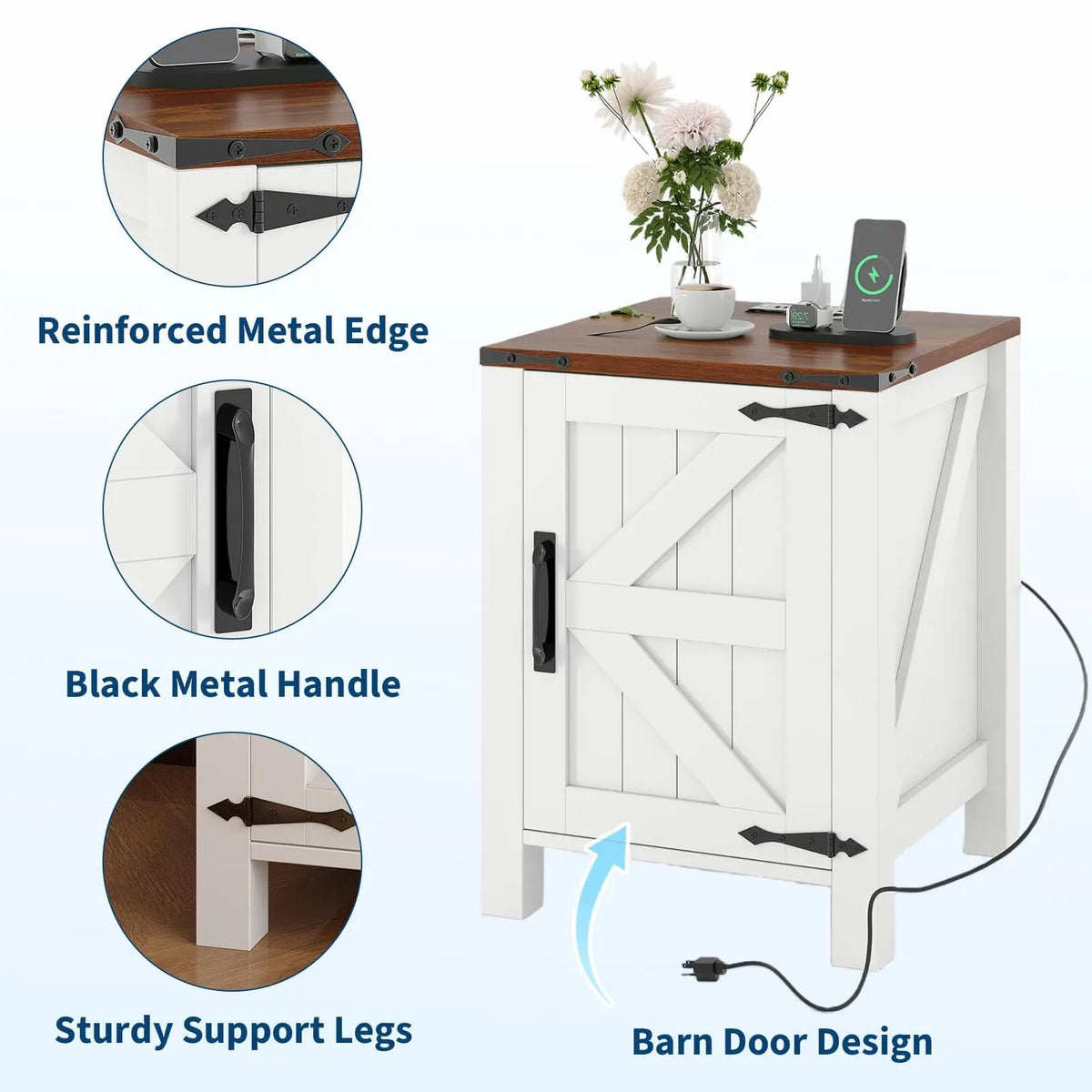 18" Farmhouse Nightstand with Charging Station for Bedroom, Living Rooms
