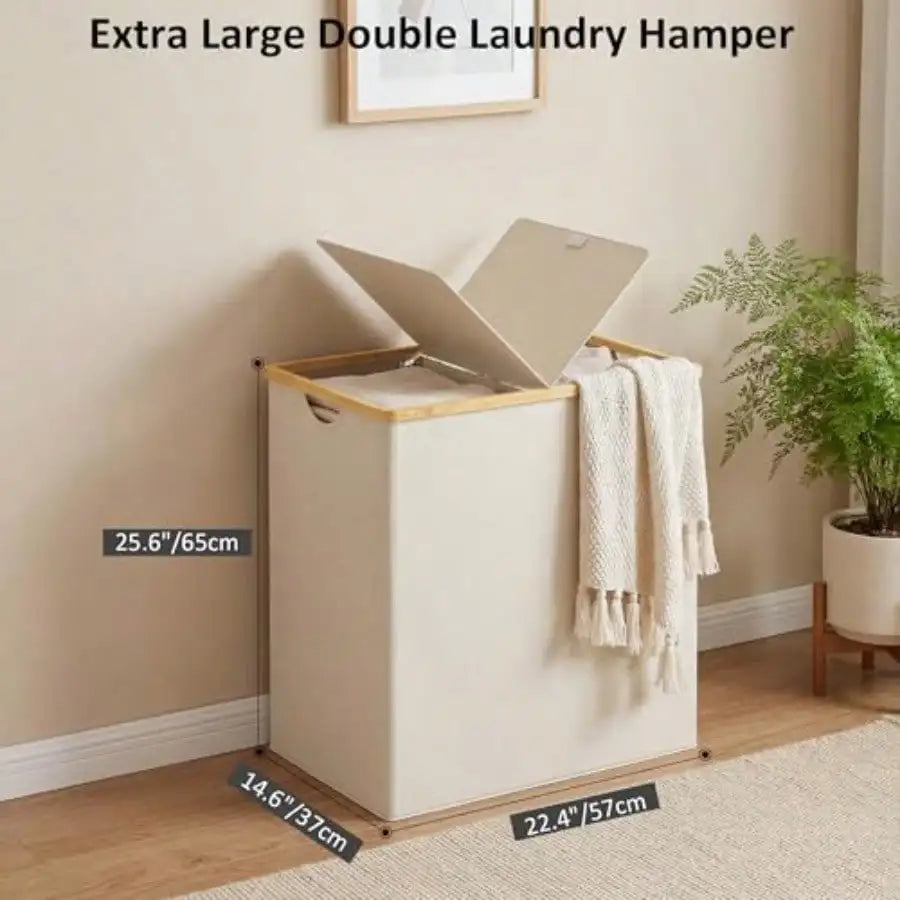 Laundry Hamper With Lid, Double Laundry Basket With 2 Removable Bags, 2 Section Laundry Bin With Bamboo Handles For Bathroom, Bedroom And Laundry Room, 140L (36.9 Gallon) Beige