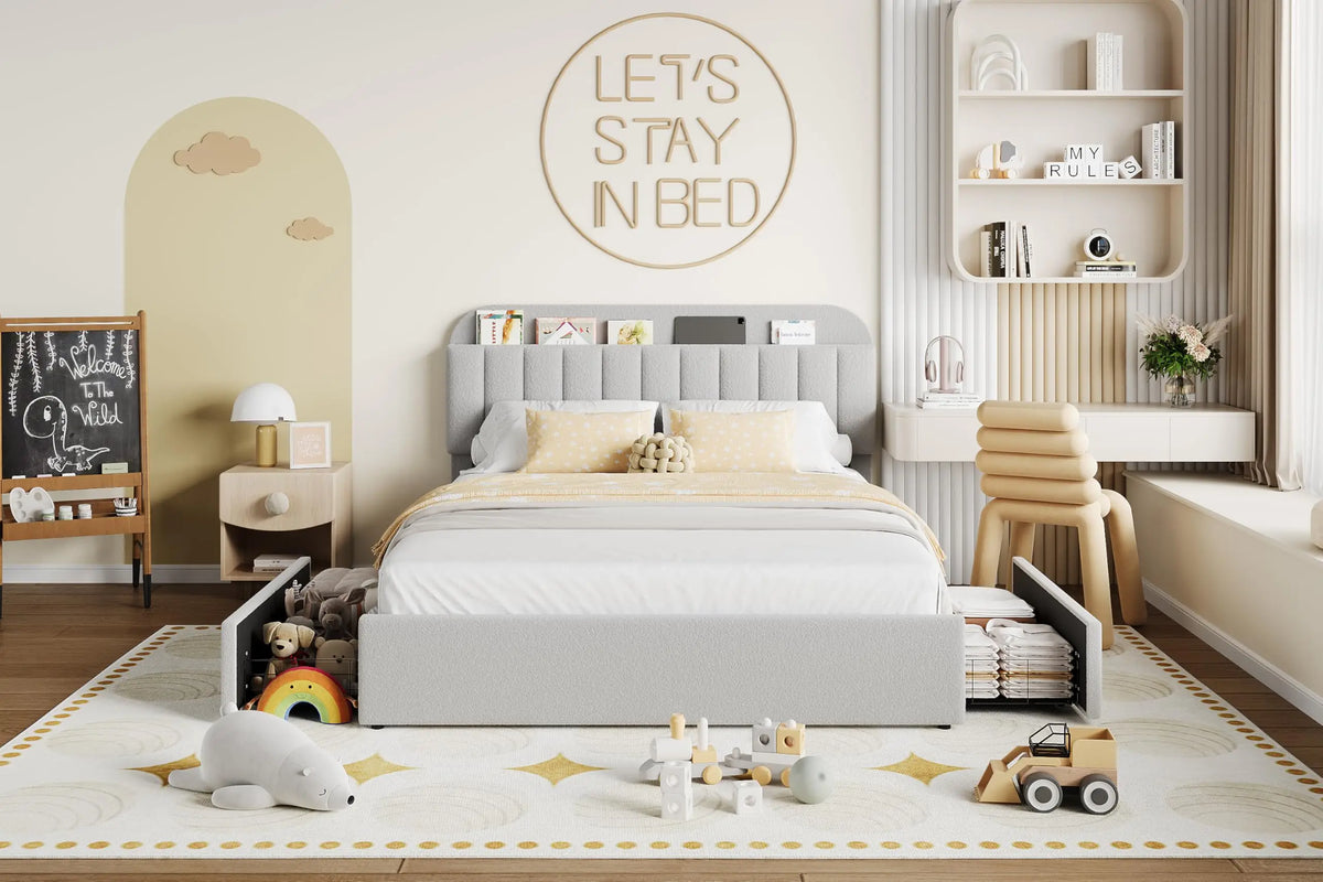 Full Size Boucle Upholstered Platform Bed Frame with Storage Headboard & 2 Drawers, Gray Bed Frame, No Box Spring Needed, Noise Free, Easy Assembly