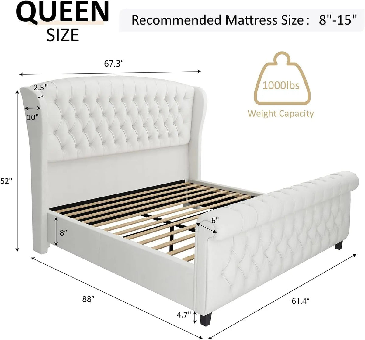 Queen Size Platform Bed Frame, Chenille Upholstered Sleigh Bed with Scroll Wingback Headboard & Footboard/Button, Customized