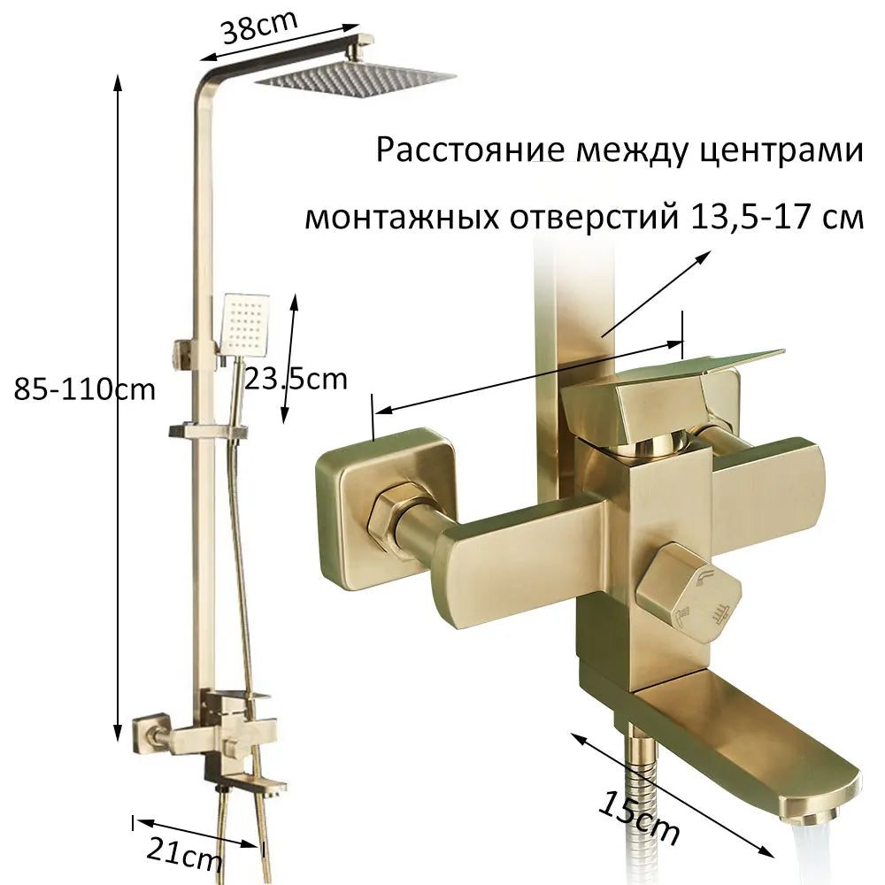Brushed Gold Bathroom Shower Faucet Set Brass Bath Faucet Rainfall Shower Head Wall Mounted Bathtub Shower Mixer Tap System
