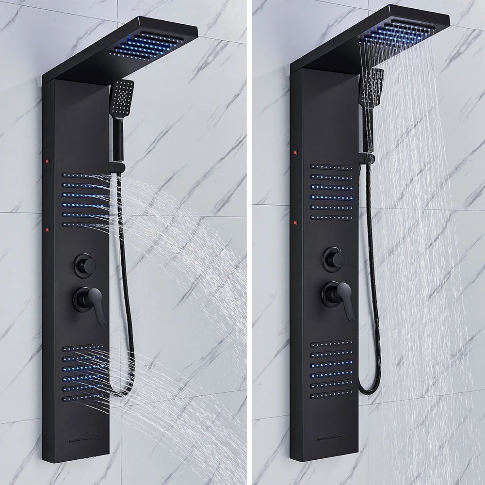 Black Shower Column LED Rainfall Bathroom Faucet with Massage Jet Bath Panel System  5 Modes Waterfall Hot Cold Mixer Tap