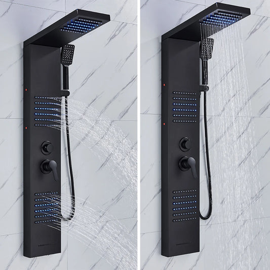 Black Shower Column LED Rainfall Bathroom Faucet with Massage Jet Bath Panel System  5 Modes Waterfall Hot Cold Mixer Tap