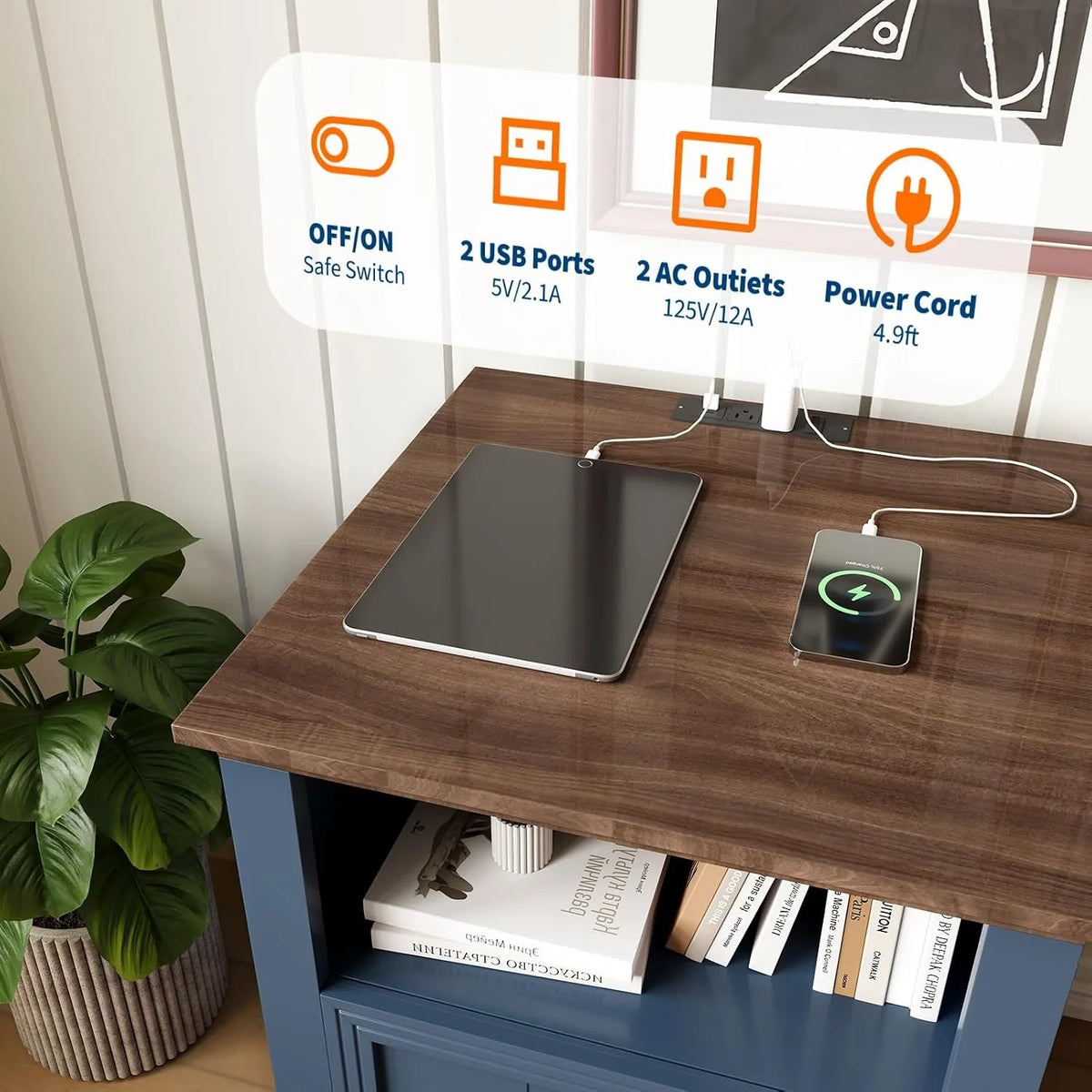 18 Inch Wood Nightstand with USB Charging Station Modern Fluted Bedside Table 2 Drawer End Table with Storage Shelf for Bedroom, Living Room, Blue