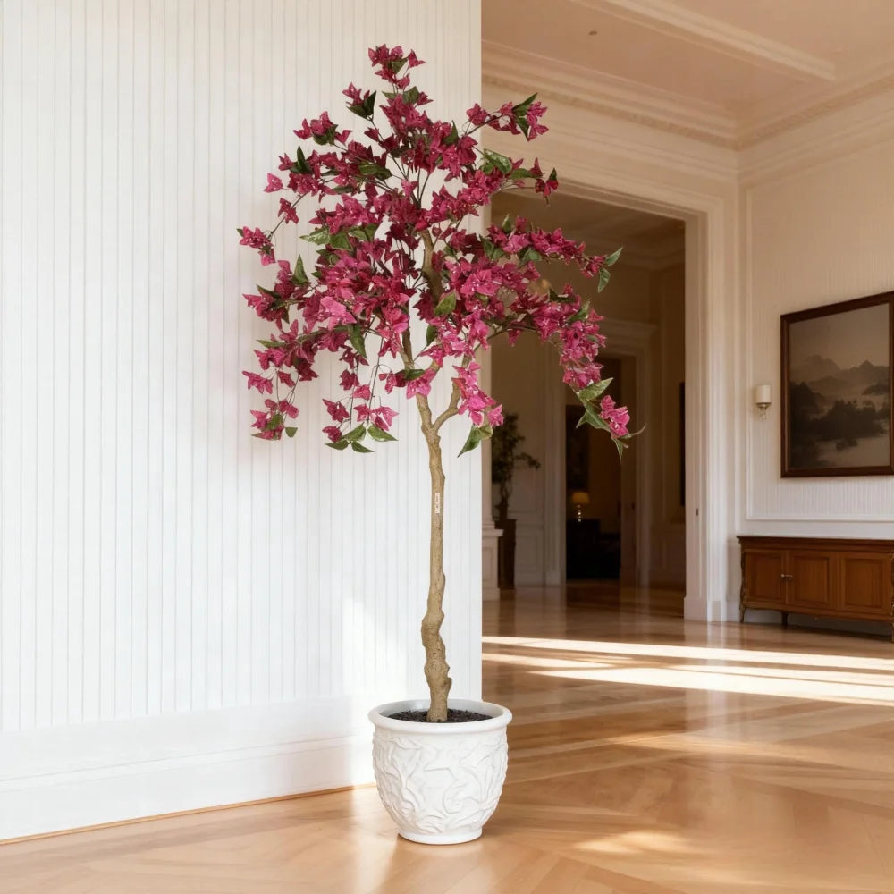 6FT Artificial Bougainvillea Tree with Black Plastic Pot, Realistic Flowering Fake Plant for Indoor Home Decor, Potted Faux Tree, 1pc/set