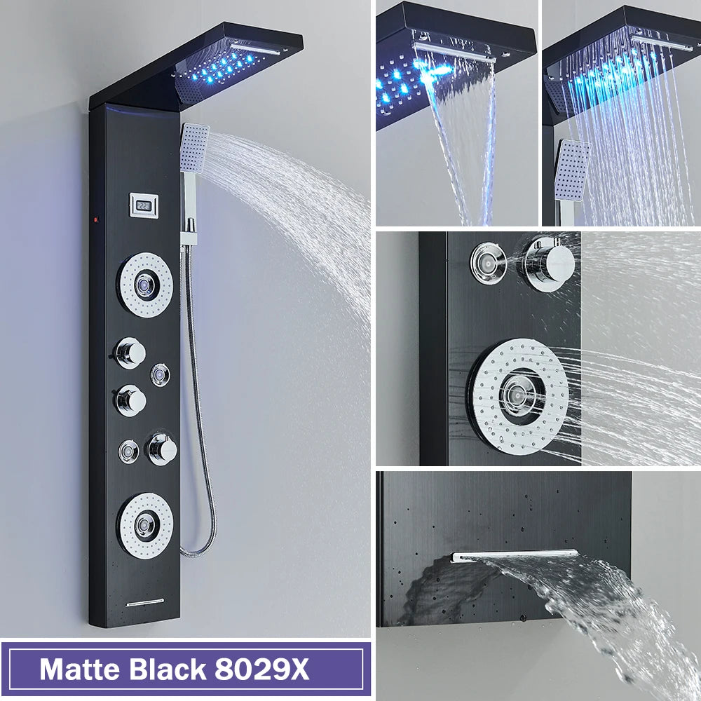 Black Shower Column LED Rainfall Bathroom Faucet with Massage Jet Bath Panel System  5 Modes Waterfall Hot Cold Mixer Tap