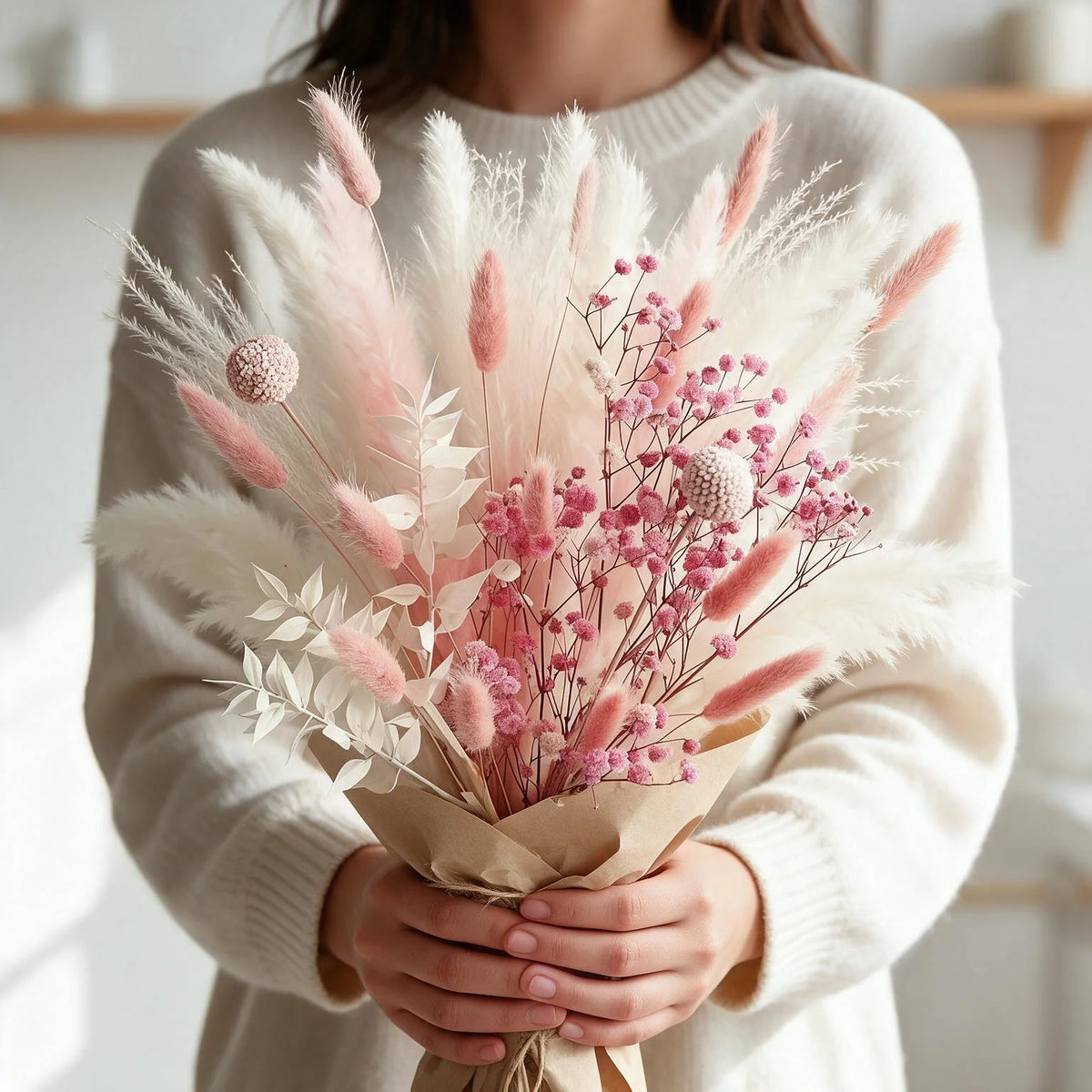 58PCS Pink Pampas Grass Bouquet 17.5in Mixed Dried Flowers Bunny Tails Eucalyptus Baby's Breath Craspedia Reed Grass Soft Pink Boho Wedding Home Decor Farmhouse Table Centerpiece Vase Filler Long Lasting Gift Vase Not Include