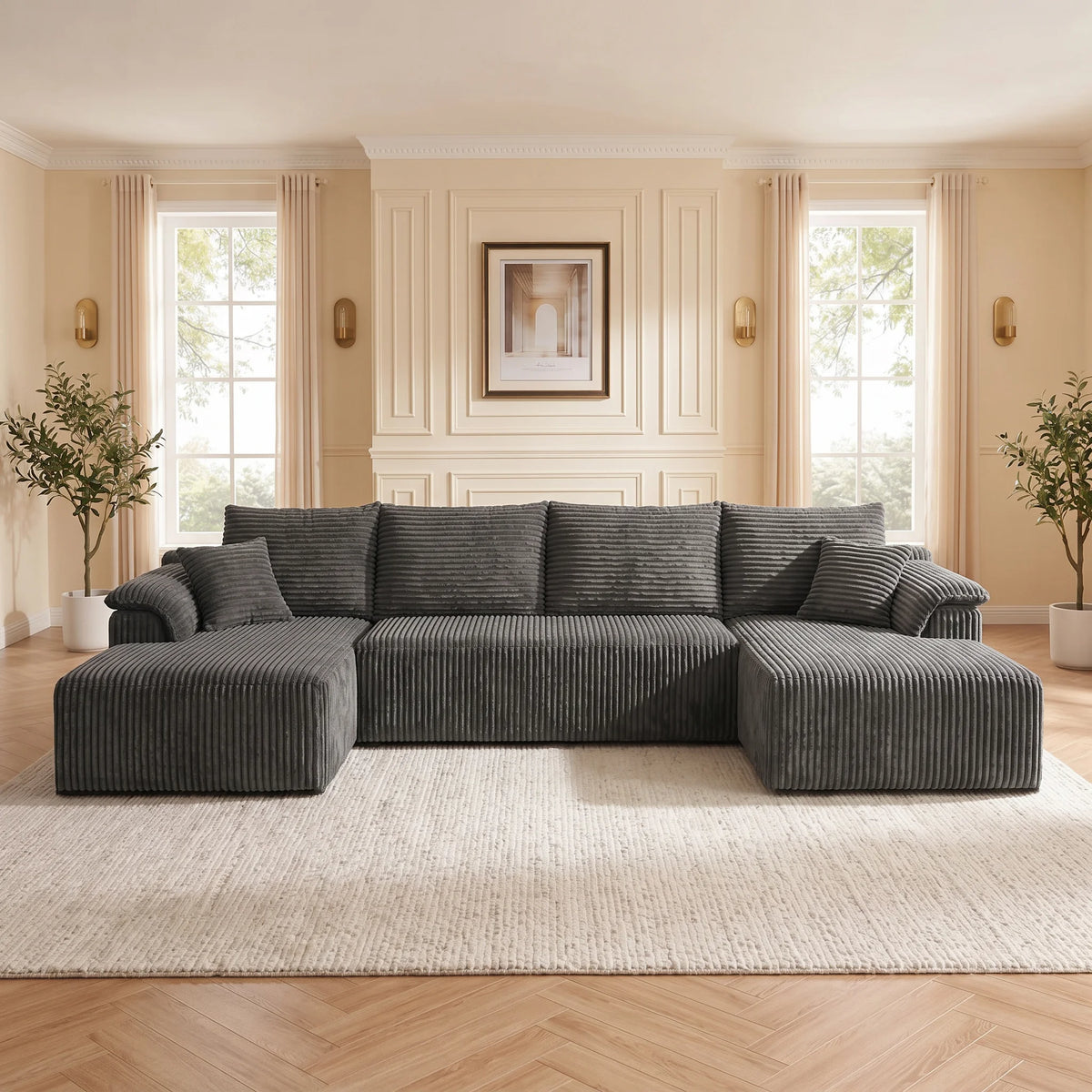 Oversized Vertical Striped Corduroy Modular Sofa, Freely Combinable U-Shaped Corner Sectional with Chaise Lounge, Luxury Cloud Deep Seat Fabric Couch, No Assembly Lazy Sofa with Throw Pillows for Living Room & Apartment, Idea