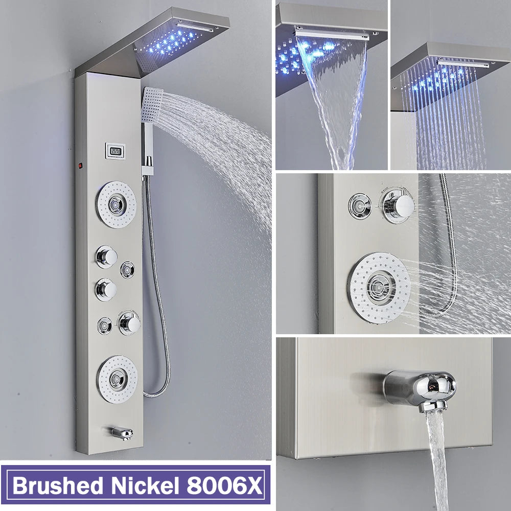 Black Shower Column LED Rainfall Bathroom Faucet with Massage Jet Bath Panel System  5 Modes Waterfall Hot Cold Mixer Tap