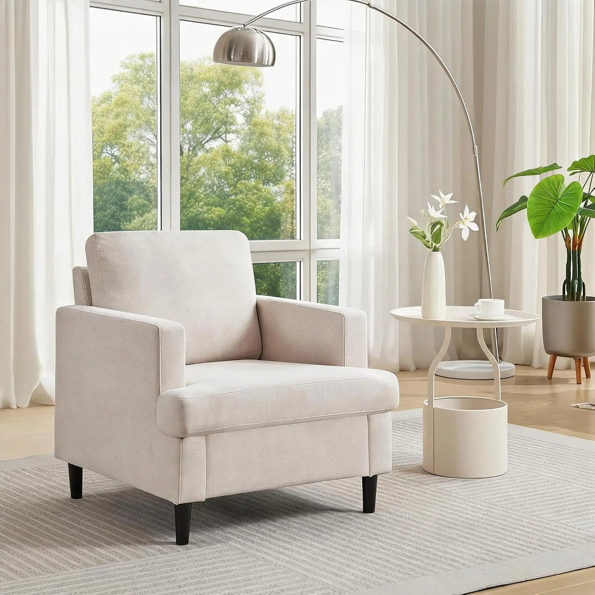 Mid-Century Modern Accent Chair Linen Fabric Reading Armchair Deep Seat High-Density Foam Solid Wood Legs, Comfy Chair for Small Space, Apartment