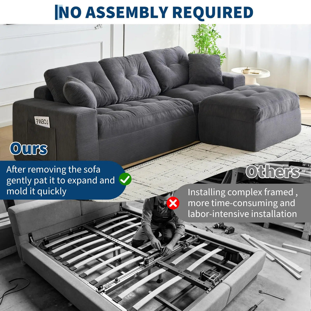 104" Modular Cloud Couch Sectional Sofa With Ottoman, Boneless L Shaped Corduroy Couch, Deep Seat, No Assembly
