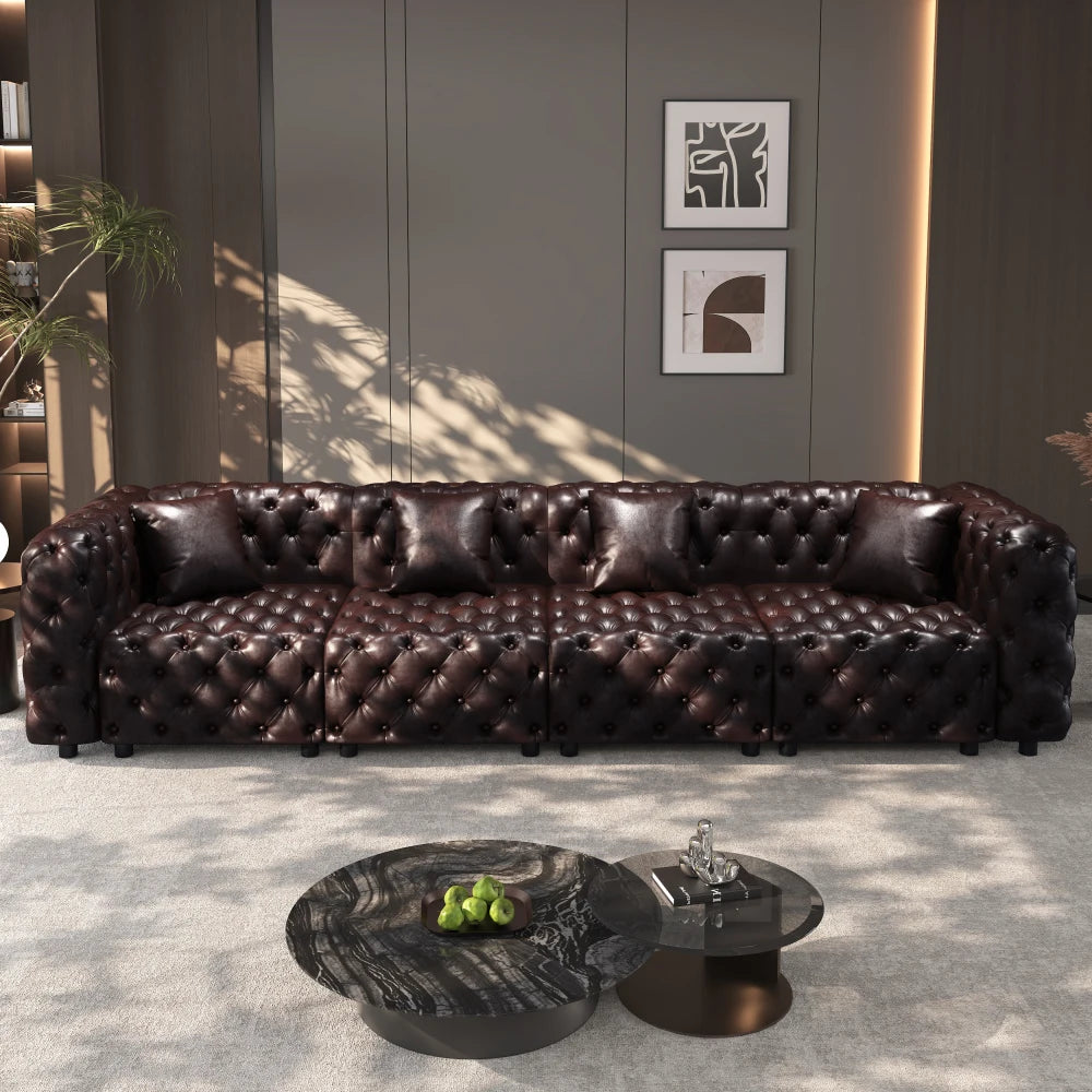 Orraves 134.4" Modern Sofa Set, Faux Leather Upholstered Modular 4-Seater Sectional Couch with Pure Handmade Button Tufted Design, 4 Pillows, Multi Combination for Living Room,Dark Brown