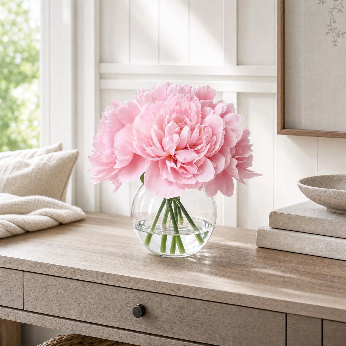 Realistic Artificial Peony Bouquet In Clear Glass Vase Faux Flowers For Home Decor Wedding Centerpieces And Table Decoration
