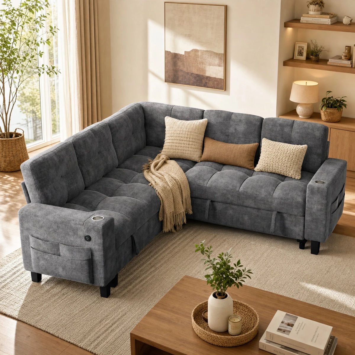 85-110 Inch U-Shaped Modular Sectional Sleeper Sofa, 7-Seat Dark Gray Chenille Cloud Couch, Pull-Out Bed with Hidden Storage, USB Ports & Cup Holders, Multi-Functional Sofa Bed for Living Room Apartment