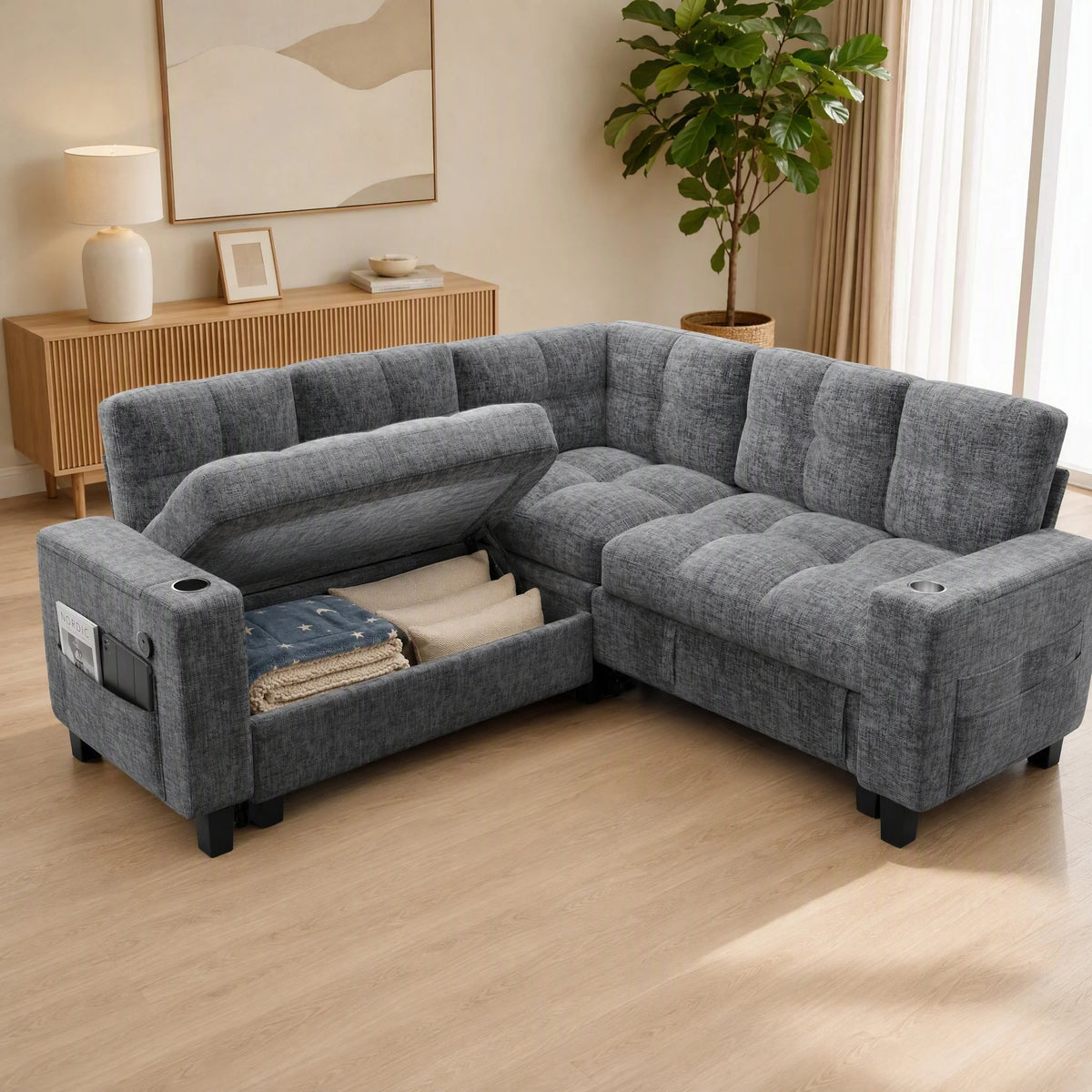 85-110 Inch U-Shaped Modular Sectional Sleeper Sofa, 7-Seat Dark Gray Chenille Cloud Couch, Pull-Out Bed with Hidden Storage, USB Ports & Cup Holders, Multi-Functional Sofa Bed for Living Room Apartment