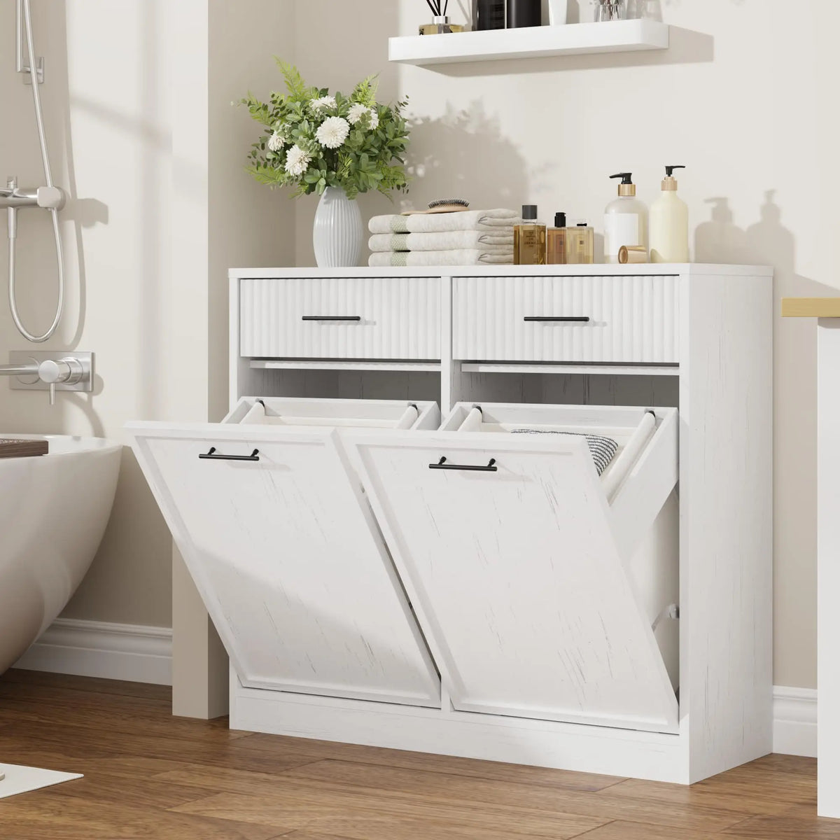 Tilt Out Laundry Hamper Cabinet With Drawer And Baskets Wooden Laundry Basket For Bathroom Laundry Room Bedroom