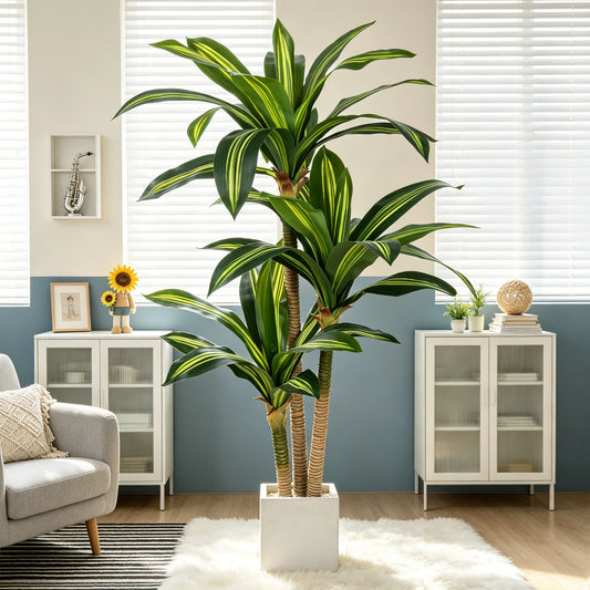 4ft/5ft/6ft Artificial Dracaena Tree in Pot - Realistic Faux Plastic Tropical Floor Plant with Easy Assembly, All-Season Indoor/Outdoor Decor for Home Office, Living Room, and Porch.