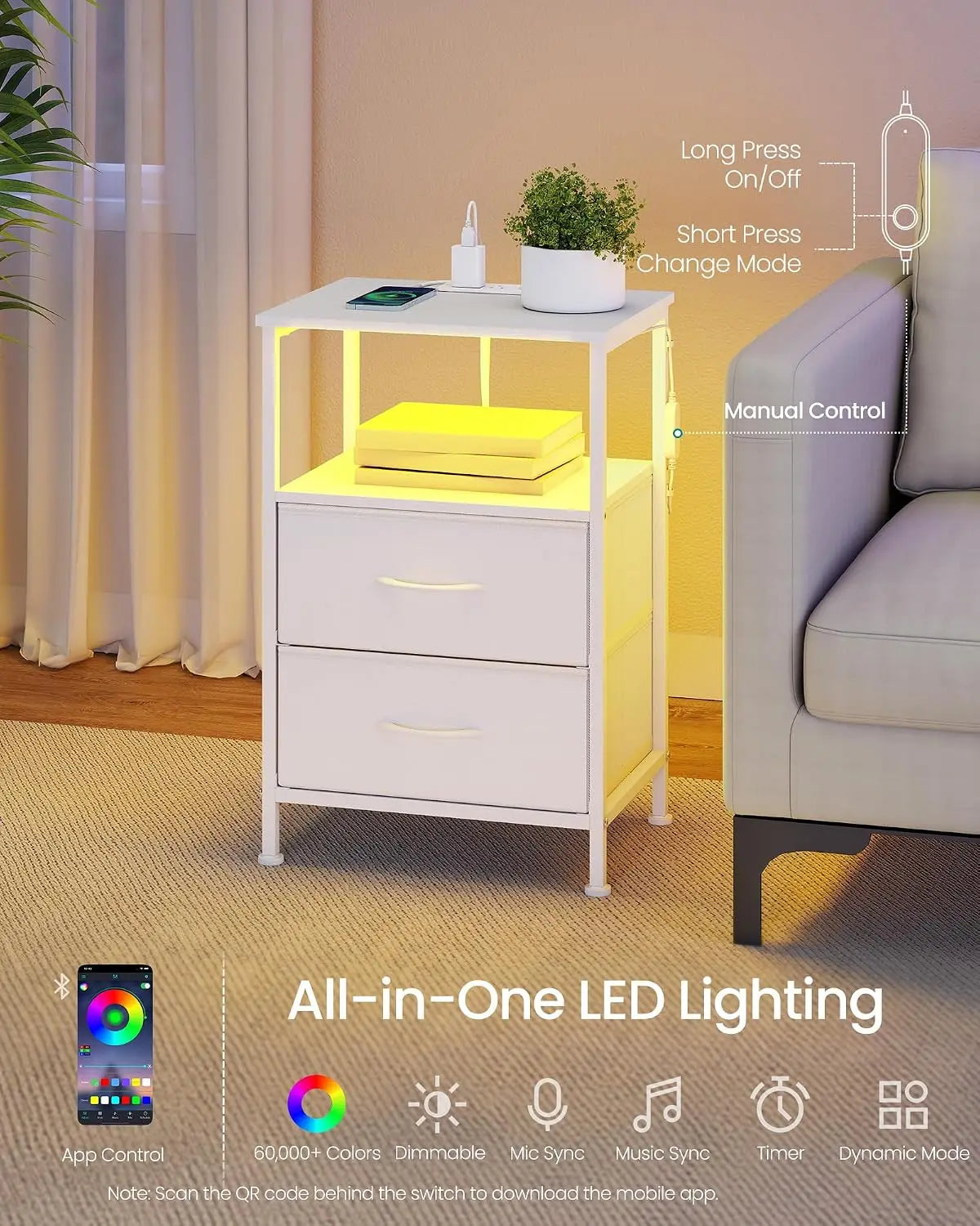 Nightstand Featuring a Built-In Charging Station and Two Fabric Drawers