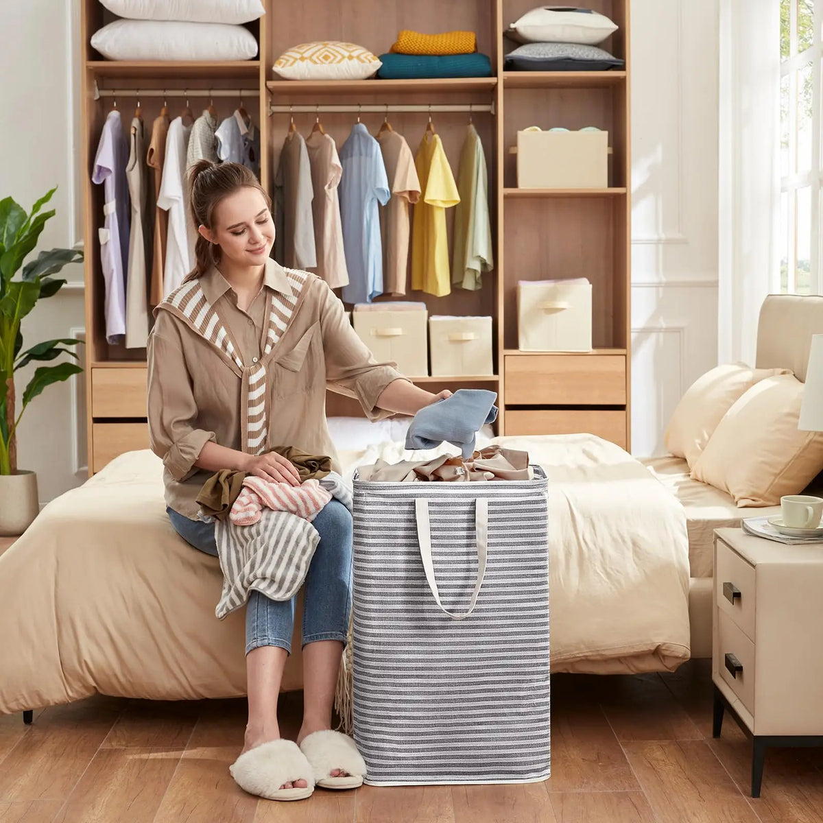 80L Large Laundry Baskets, 2 Pack, Reinforced Handles, Grey Collapsible Laundry Hamper, Dirty Clothes Hamper, Waterproof Freestanding Design for Dorm, Laundry Room, Bedroom, Bathroom