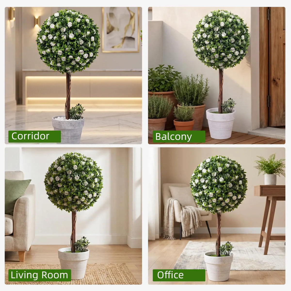 2Pcs 60cm Artificial Rose Topiary Tree, Potted White/Red Flower Ball Tree with Realistic Green Leaves, Faux Ball Shaped Plant in Stable Pot for Indoor Outdoor Garden Patio Home Decor