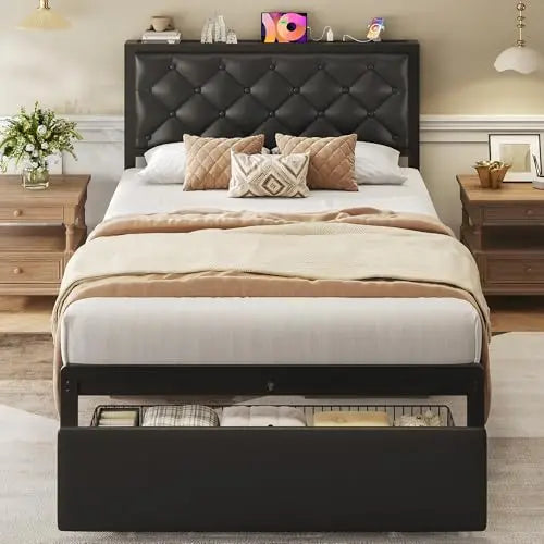 Twin Upholstered Button Tufted Bed Frame with Storage Drawer and Charging Station for Bedroom