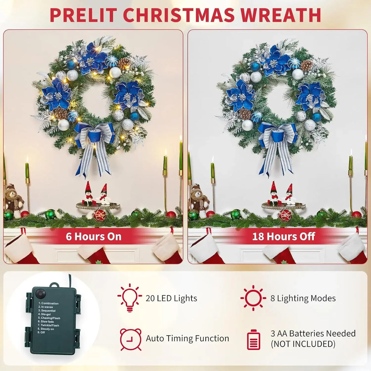 Artificial Christmas Wreath 24 Inch Garland with 20 Lighting Modes Themed Holiday Decorations Featuring Shiny Ornaments and Ribbon Indoor Outdoor Door Decor