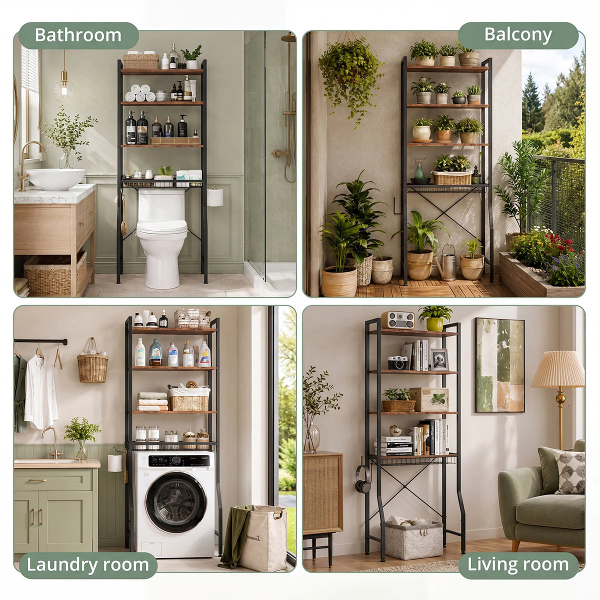 4-Tier Freestanding Bathroom Organizer Shelf Over Toilets with Adjustable Storage Rack Shelf and Basket Space Saver Above Toilet Storage Cabinet with 3 Hooks for Rooms