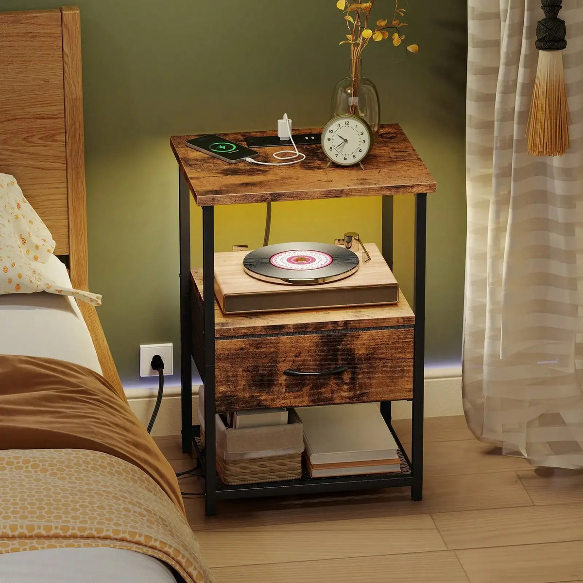 Beside Table With Charging Station, LED Nightstand With Fabric Drawers, End Table With PU Finish, Bedside Table, For Bedroom