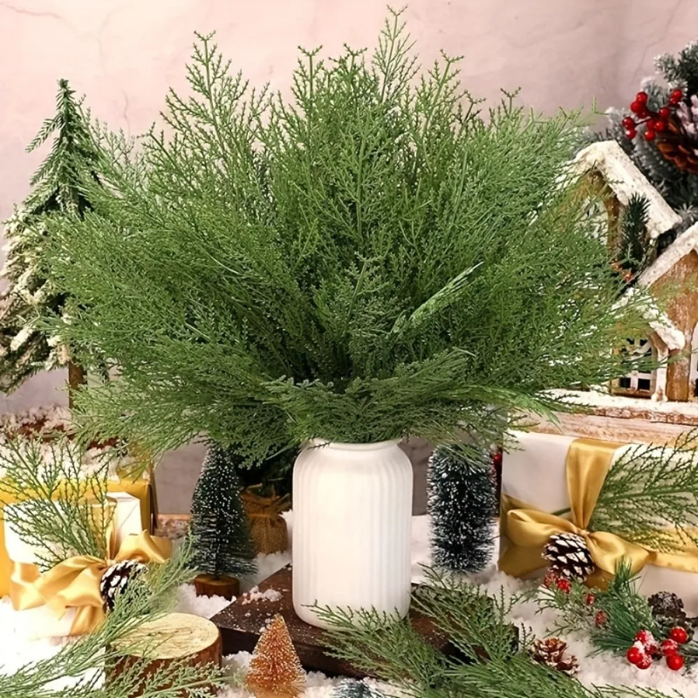 60Pcs Artificial Pine Needles Branches Faux Cedar Stems Fake Greenery for Christmas Tree Wreath Garland Making DIY Crafts Holiday Winter Decor Home Wedding Centerpiece Farmhouse Indoor Outdoor